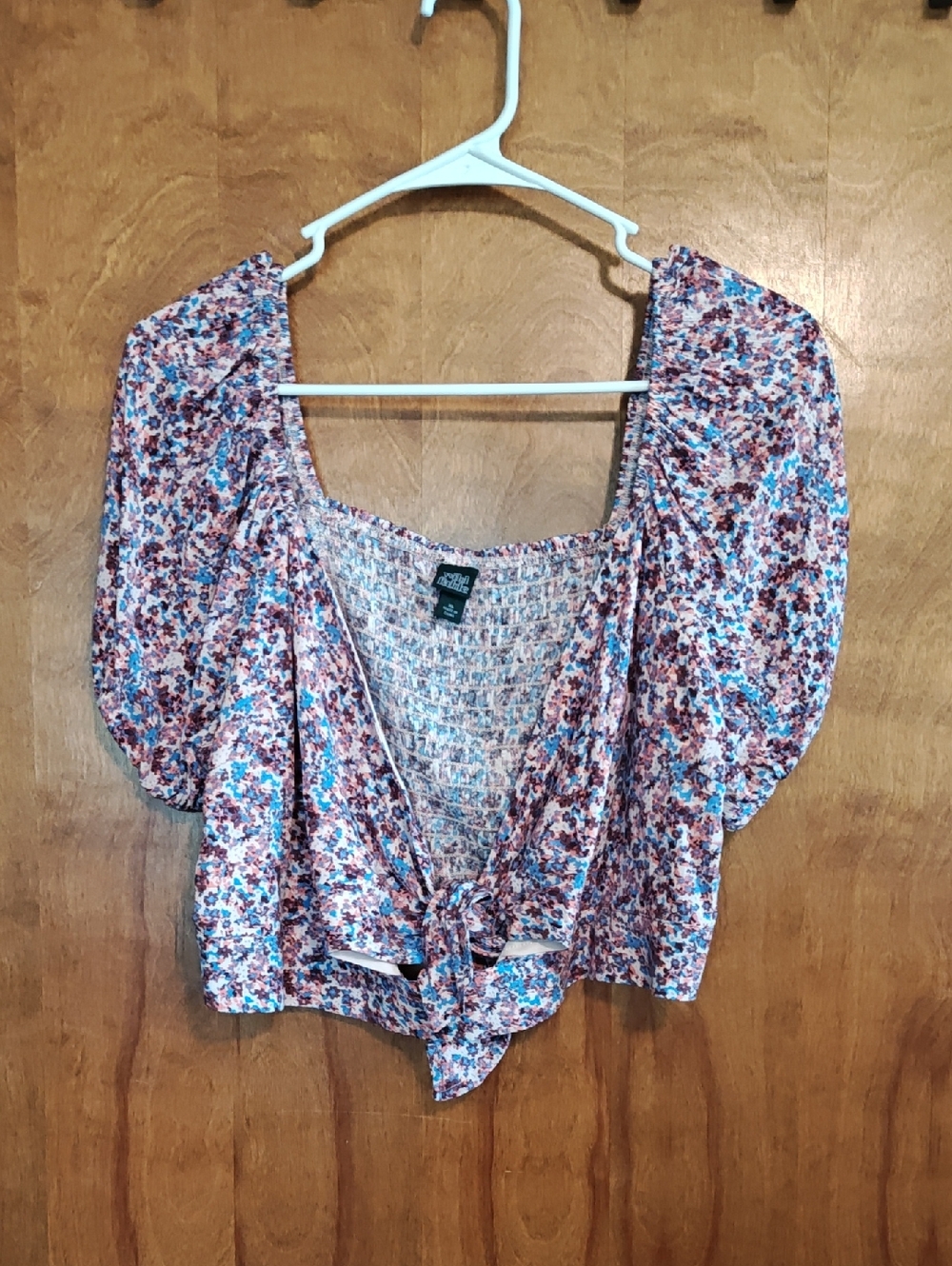 wild fable Pink Floral Tie-Front Puff Sleeve Crop Top
